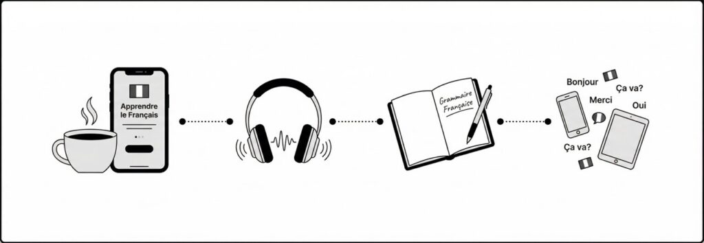 A daily French learning routine: morning app, commute podcast, evening journal, French devices all day